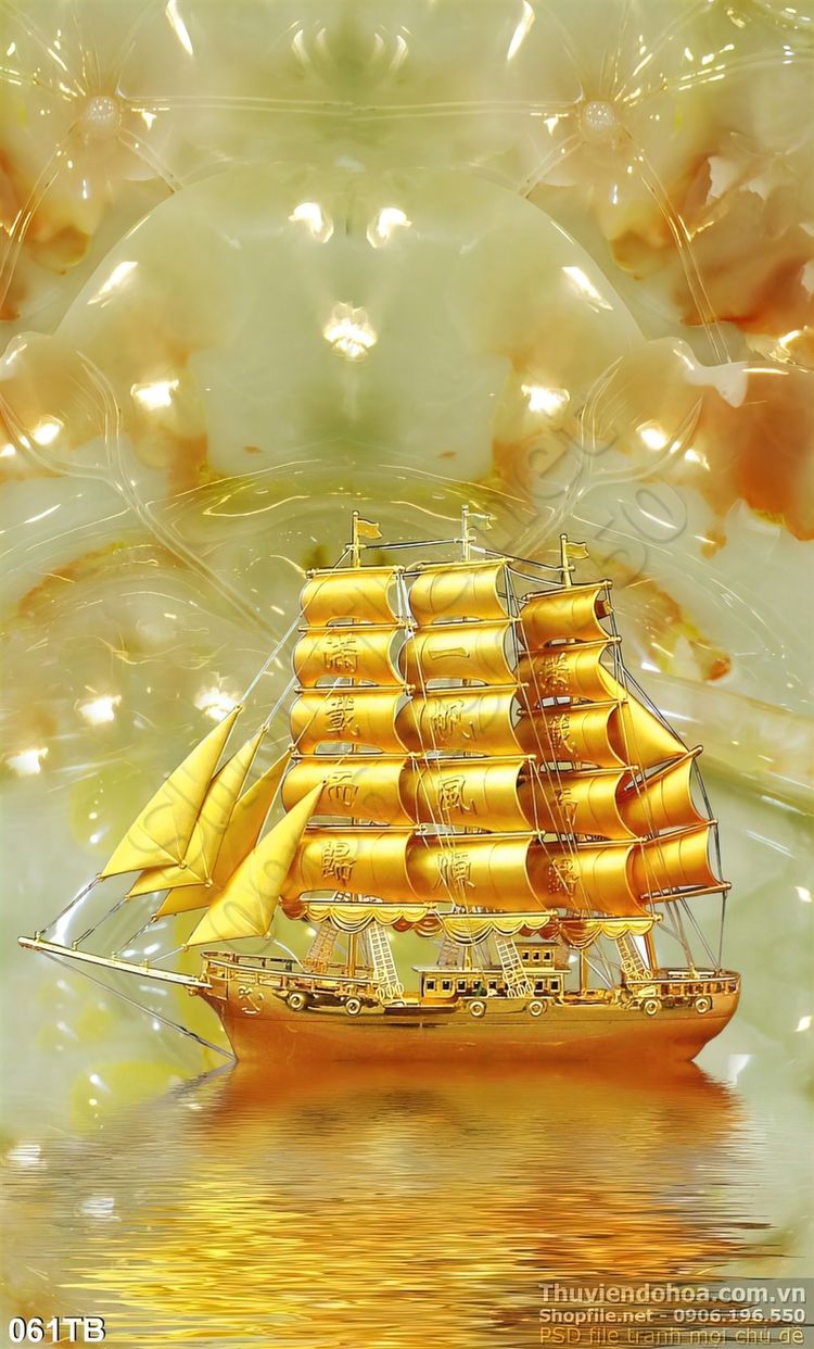 Tranh thuận buồm xuôi gió nền giả ngọc và con thuyền vàng ấn tượng