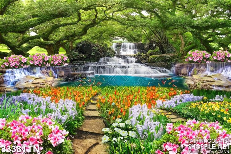 Tranh vườn hoa đẹp trong rừng cây xanh