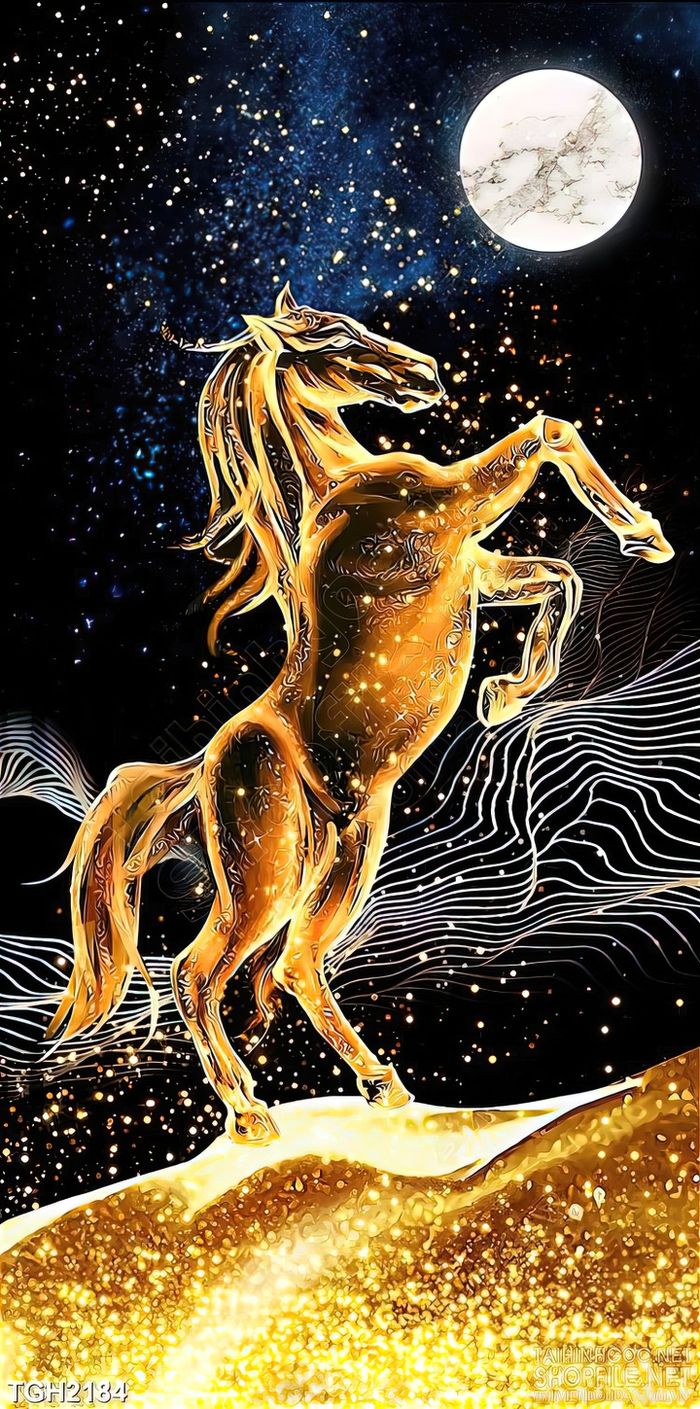 Tranh Ghép Chú Ngựa Vàng Trên Núi Và Ánh Trăng In Canvas
