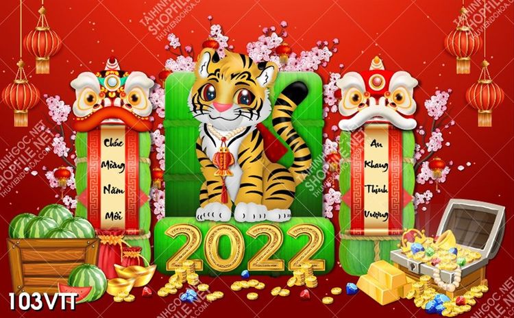 background chúc mừng năm mới cùng bé hổ may mắn 2022