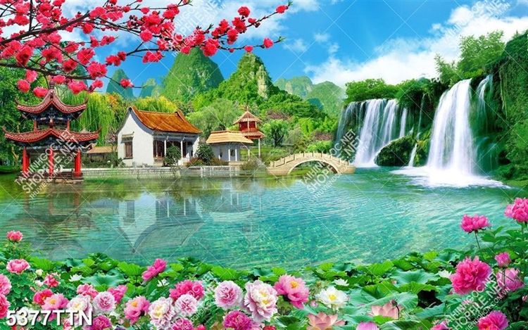 Tranh phong cảnh cành đào đỏ trên dòng sông xanh và hoa hồng chất lượng cao
