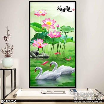 Tranh hoa sen, cá chép và thiên nga