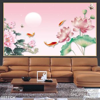 Tranh hoa sen, cá chép và trăng