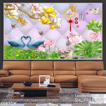 Tranh hoa sen và thiên nga