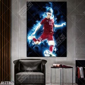 Tranh cầu thủ Nguyễn Tiến Linh sút bóng