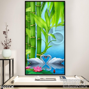 Tranh hoa sen và đôi thiên nga