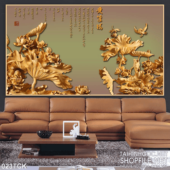 Tranh hoa sen điêu khắc gỗ