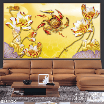 Tranh hoa sen, cá chép quần tụ phong thủy