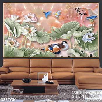 Tranh hoa sen, cá chép giả ngọc đẹp