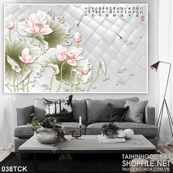 Tranh hoa sen, cá chép thư pháp