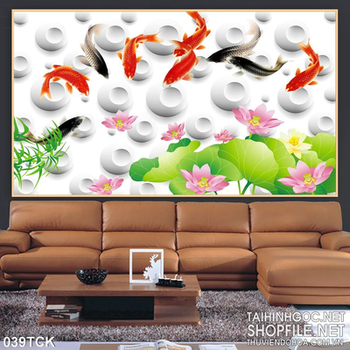 Tranh hoa sen, cá chép phong thủy