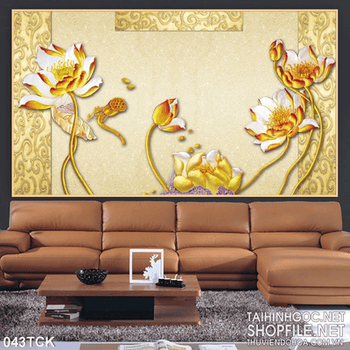 Tranh hoa sen, cá chép kim tiền vàng