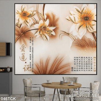 Tranh hoa sen, cá chép thư pháp