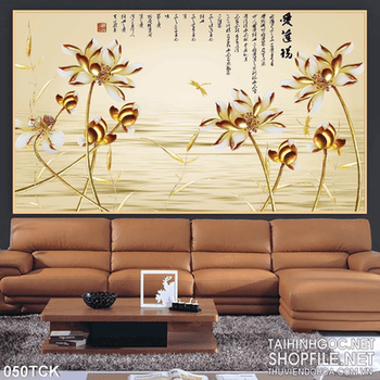 Tranh hoa sen, cá chép thư pháp kim tiền