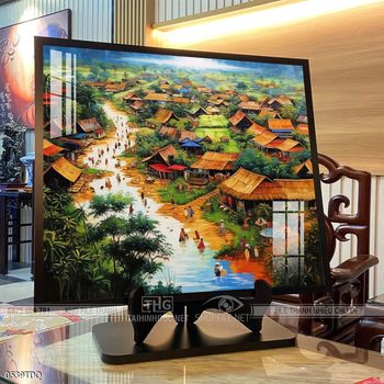 Tranh làng quê mùa lúa chín đẹp thanh bình