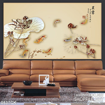 Tranh hoa sen, cá chép thư pháp kim tiền