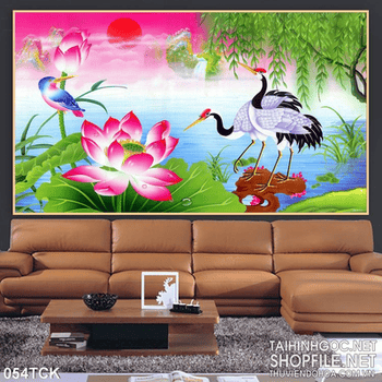 Tranh hoa sen, cá chép và chim hạc