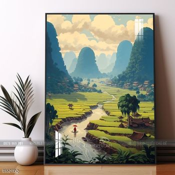 Tranh làng quê cánh đồng lúa chín