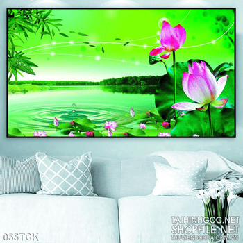 Tranh hoa sen, cá chép nền xanh