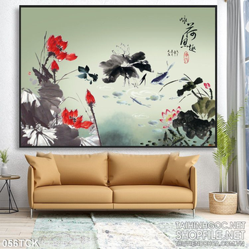 Tranh hoa sen, cá chép thư pháp nghệ thuật