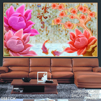 Tranh hoa sen, cá chép giả ngọc