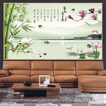 Tranh hoa sen, cá chép phong cảnh