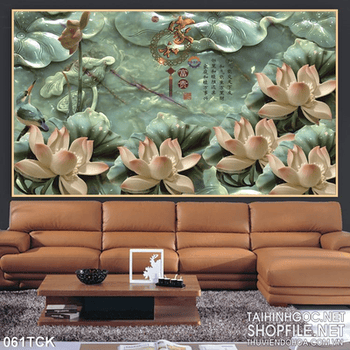 Tranh hoa sen, cá chép thư pháp