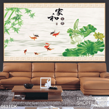 Tranh hoa sen, cá chép giả ngọc đẹp