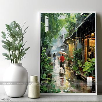 Tranh làng quê mùa lúa chín đẹp thanh bình