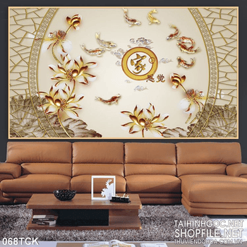 Tranh hoa sen, cá chép kim tiền vàng