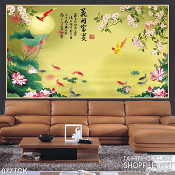 Tranh hoa sen, cá chép mùa xuân