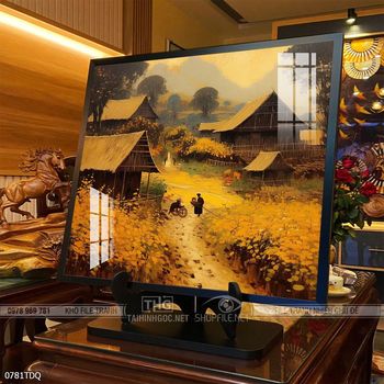 Tranh làng quê mùa lúa chín đẹp thanh bình