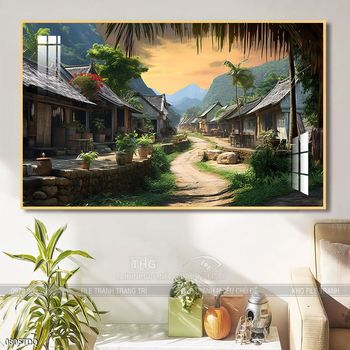 Tranh làng quê mùa lúa chín đẹp thanh bình