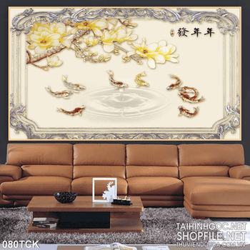 Tranh hoa sen, cá chép và hoa đào