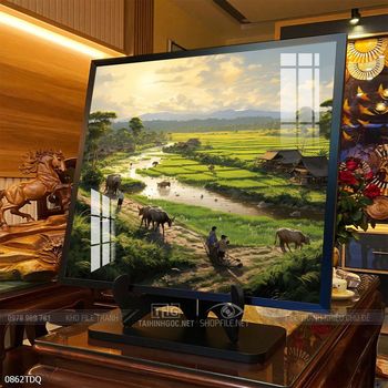 Tranh làng quê mùa lúa chín đẹp thanh bình