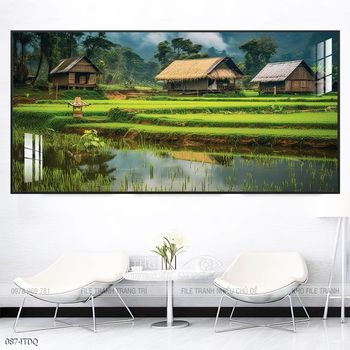 Tranh làng quê mùa lúa chín đẹp thanh bình