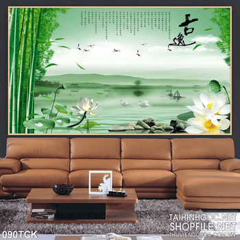 Tranh hoa sen, cá chép thư pháp treo tường