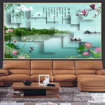 Tranh hoa sen, cá chép thư pháp