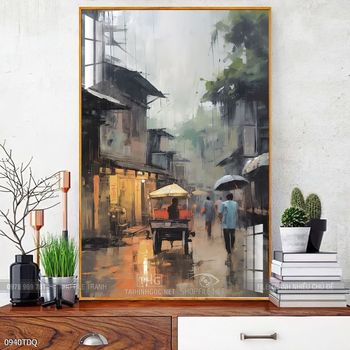 Tranh làng quê cánh đồng lúa chín