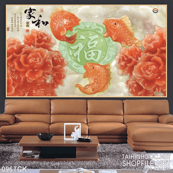 Tranh hoa sen, cá chép giả ngọc thư pháp