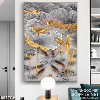 Tranh hoa sen, cá chép kim tiền đẹp