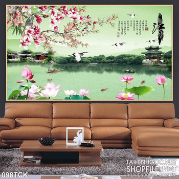 Tranh hoa sen, cá chép chim hạc