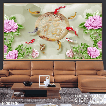 Tranh hoa mẫu đơn giả ngọc và đàn cá