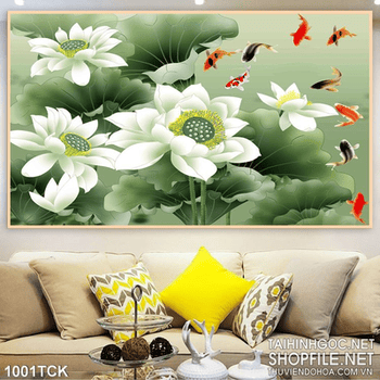 Tranh hoa sen màu trắng và cá chép đẹp 3d