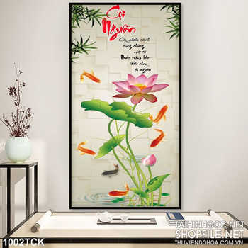 Tranh cội nguồn wall khổ dọc hoa sen và cá chép