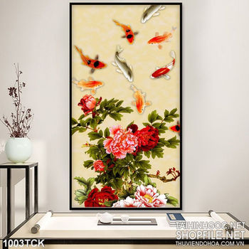 Tranh cá chép và hoa mẫu đơn đẹp ấn tượng