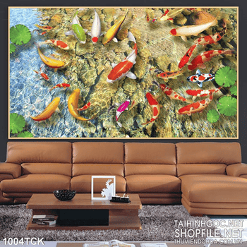 Tranh cá chép  và mặt hồ trong veo 3d