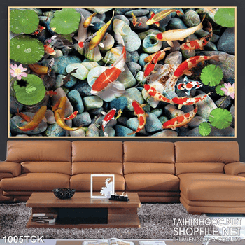 Tranh hồ nước trong vắt và dàn cá koi