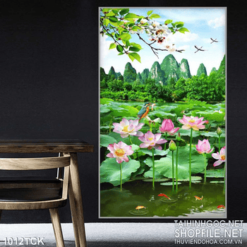 Tranh đầm sen và ngọn núi in uv