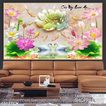 Tranh hoa sen cửu ngư quần hội và đôi thiên nga 3d in uv
